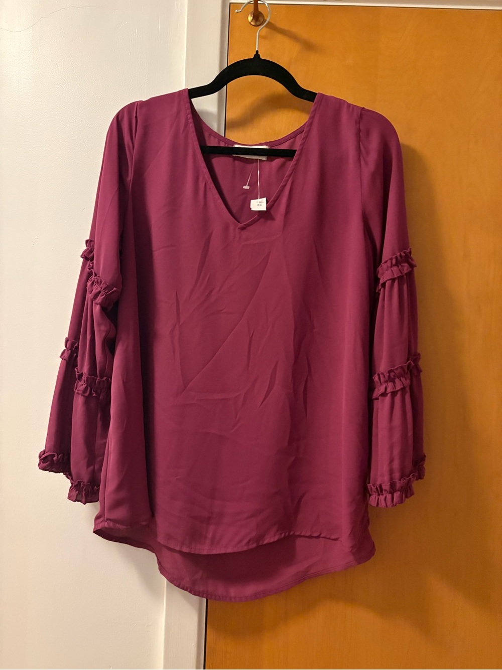 Women’s Ruffle-Sleeve V-Neck Blouse in Berry Plum